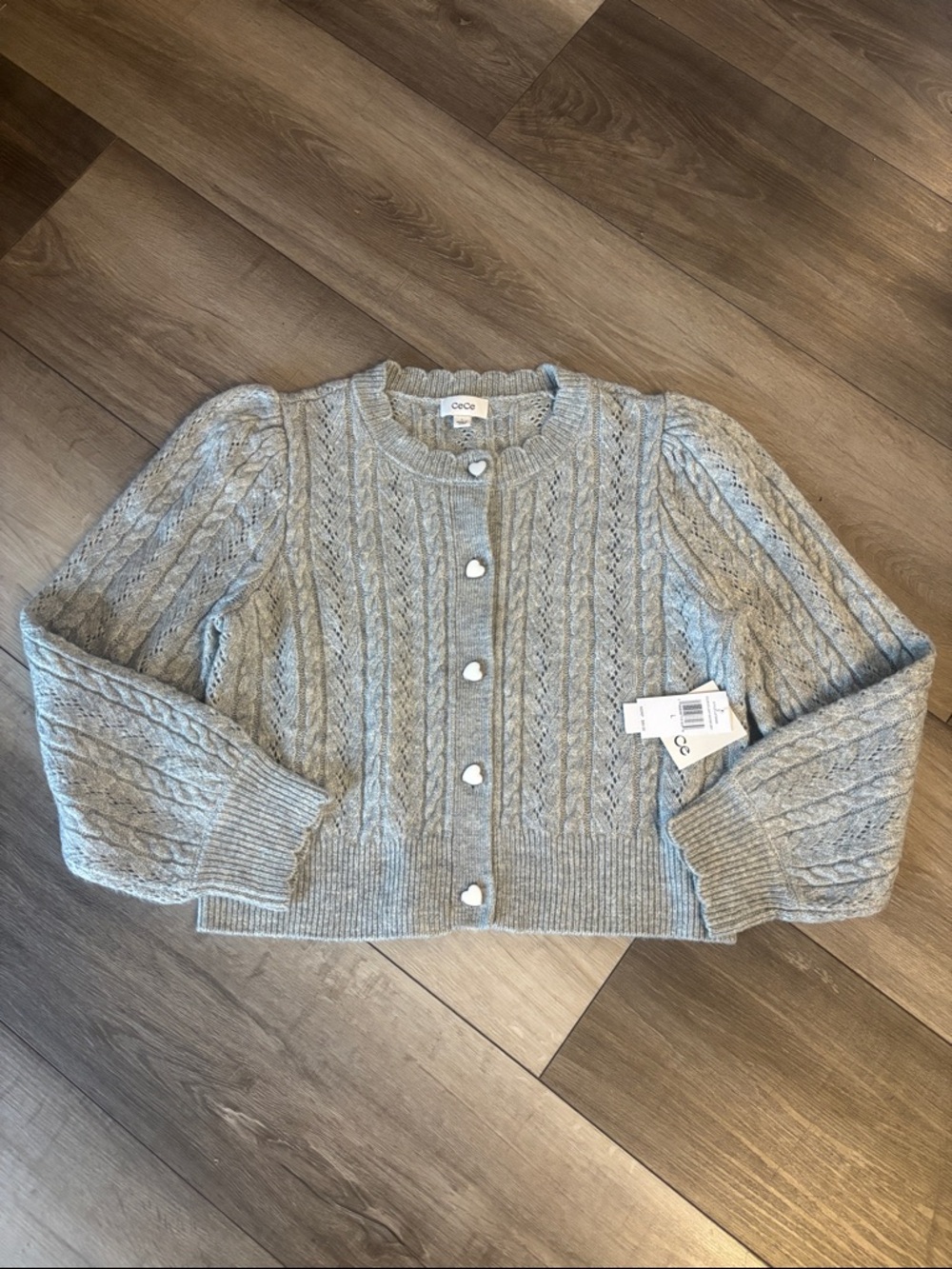 CeCe Light Gray Cable Knit Boxy Cardigan - Picture 3 of 15
